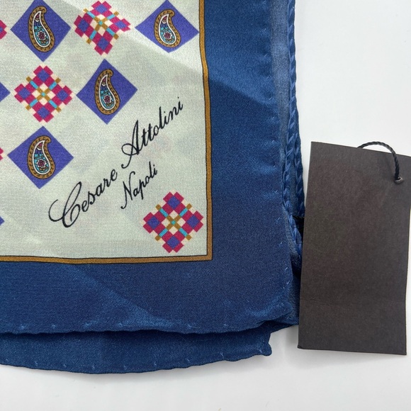 NWT 100% Silk Cesare Attolini Pocket Square Blue - Gray. (12X12) - Picture 2 of 6